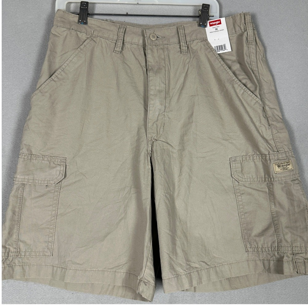 NEW Wrangler Shorts Mens 36 Weathered Wash Khaki Beige Cargo Side Elastic Waist
